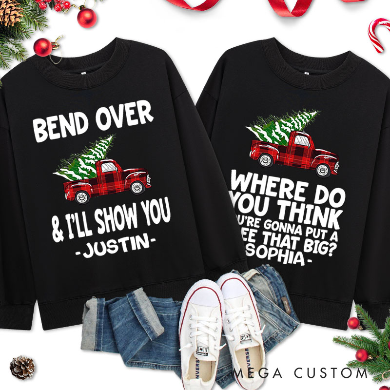 Personalized Couple Bend Over and I’ll Show You Christmas Sweatshirt Xmas Plaid Truck with Tree Sweatshirt for Husband Wife Boyfriend Girlfriend