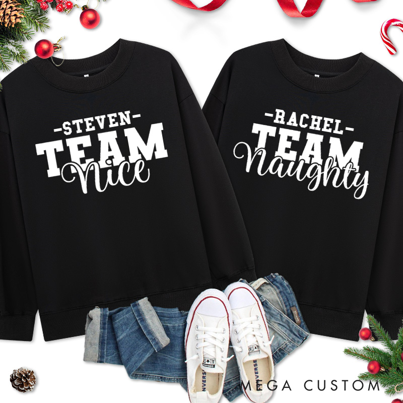 Personalized Couple Team Nice and Team Naughty Christmas Sweatshirt Couple Xmas Matching Crewneck Sweatshirt for Husband Wife Boyfriend Girlfriend