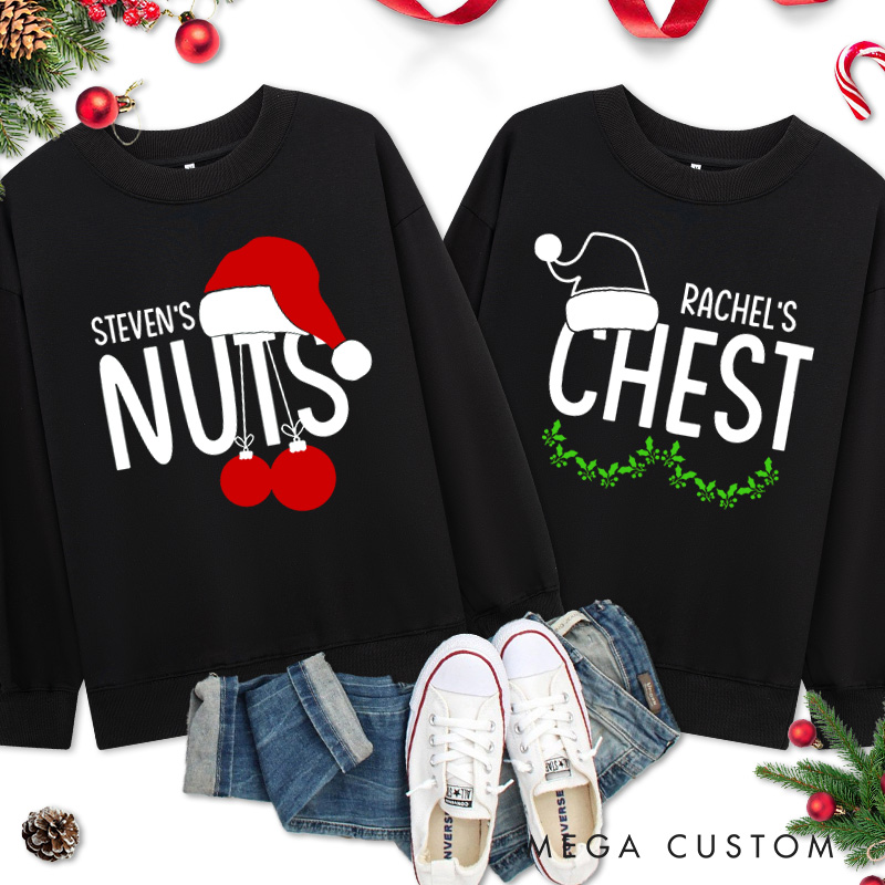 Personalized Couple Nuts and Chest Christmas with Santa Hat Matching Sweatshirt Couple Xmas Antler Sweatshirt for Husband Wife Boyfriend Girlfriend