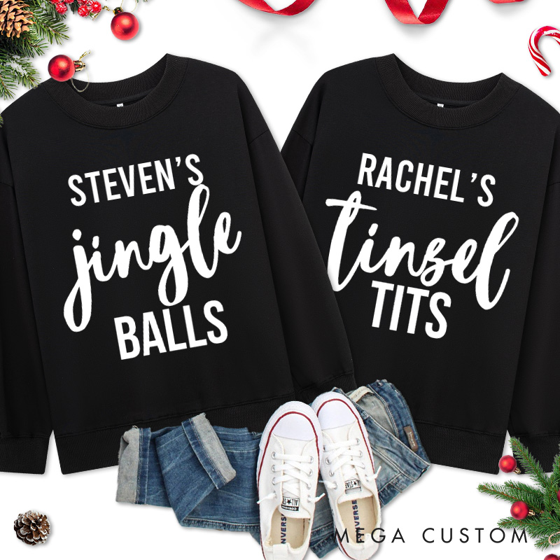 Personalized Couple Minimalist Jingle Balls and Tinsel Tits Christmas Sweatshirt Couple Xmas Matching Sweatshirt for Husband Wife Boyfriend Girlfriend