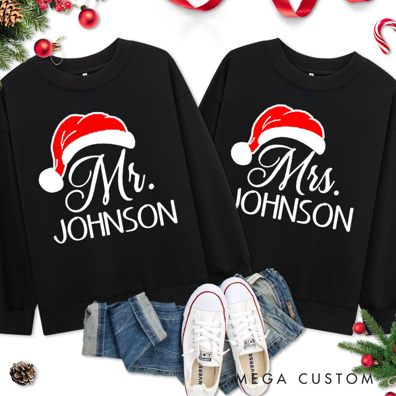 Personalized Couple Mr. and Mrs. with Santa Hats Christmas Sweatshirt Couple Xmas Matching Crewneck Sweatshirt for Husband Wife Boyfriend Girlfriend