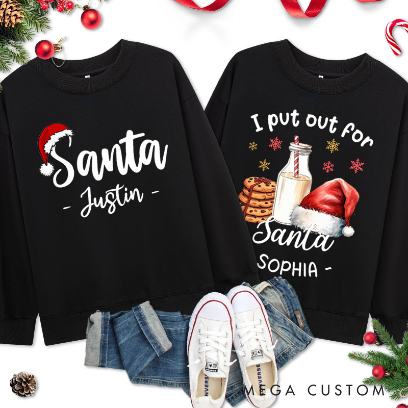 Personalized Couple Santa and I Put Out for Santa Christmas Sweatshirt Couple Xmas Milk and Cookie Sweatshirt for Husband Wife Boyfriend Girlfriend