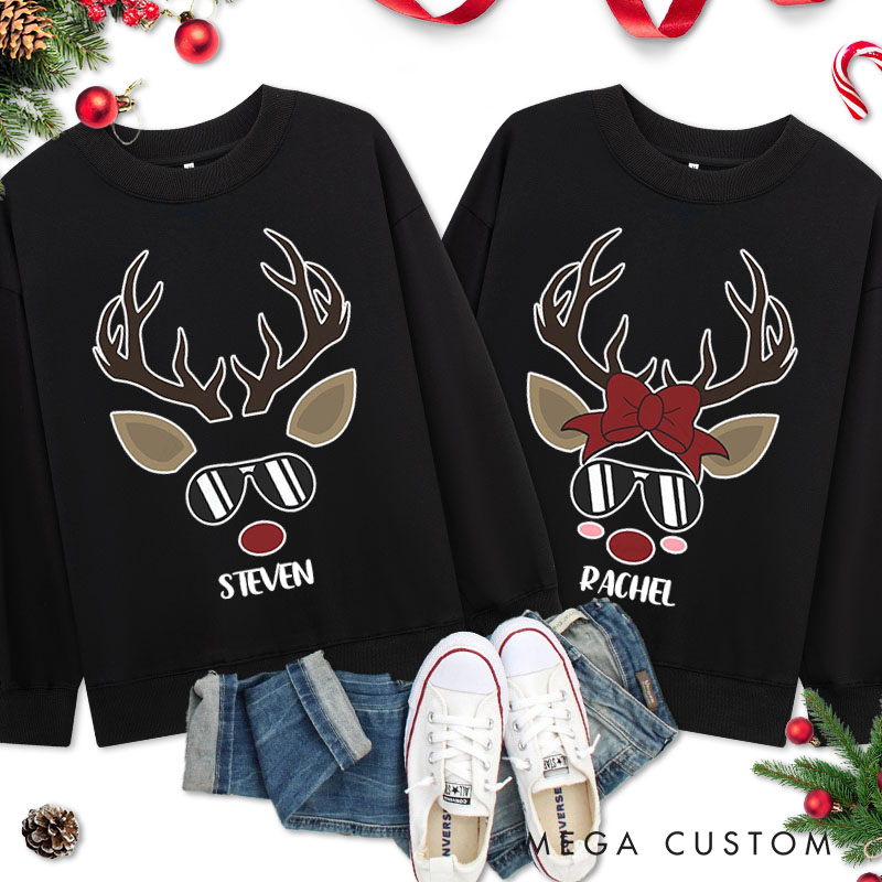 Personalized Couple Cool Reindeer with Sunglasses Christmas Sweatshirt Couple Chic Reindeer with Bow Sweatshirt for Husband Wife Boyfriend Girlfriend