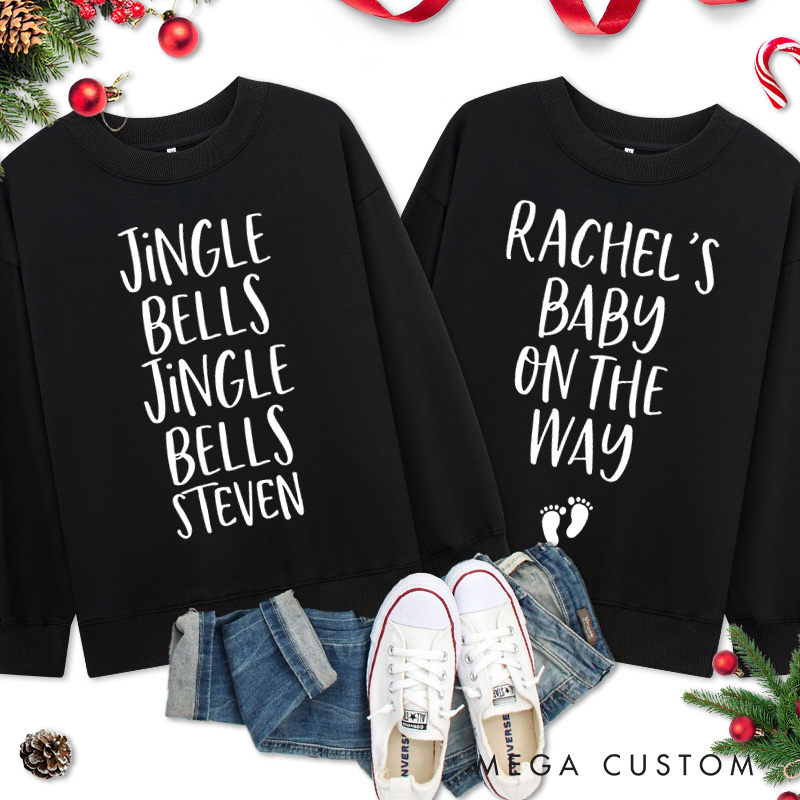 Personalized Couple Jingle Bells Jingle Bells Baby on the Way Christmas Sweatshirt Couple Xmas Matching Sweatshirt for Husband Wife Hubby Wifey