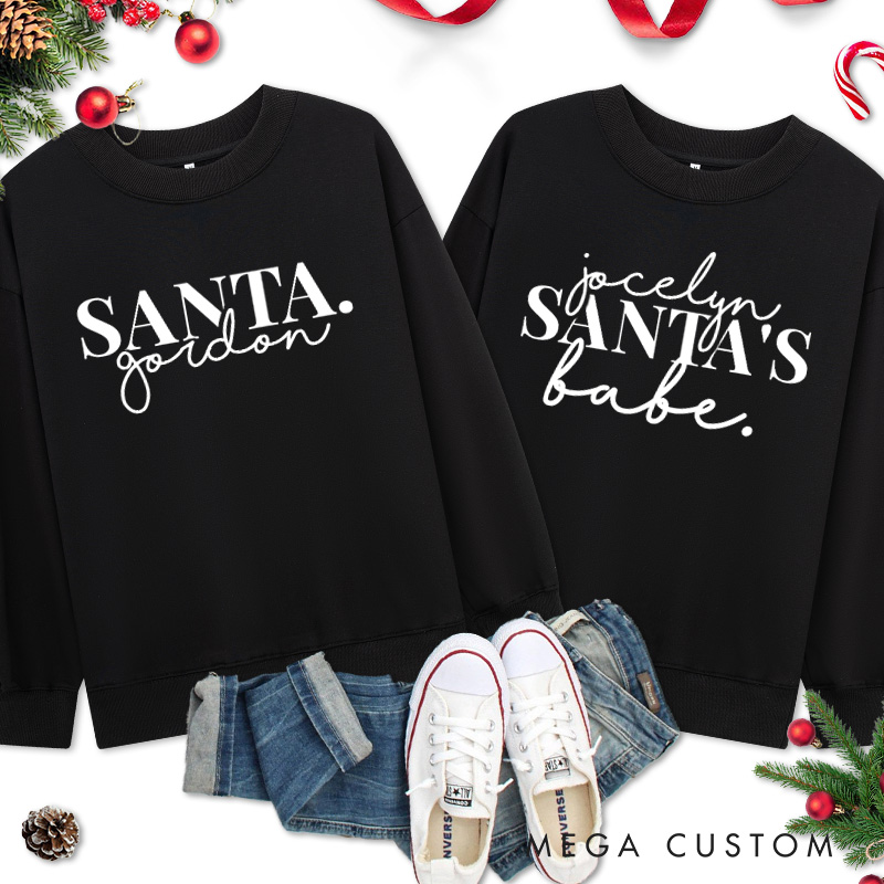 Personalized Couple Santa and Santa's Babe Christmas Sweatshirt Couple Xmas Matching Crewneck Sweatshirt for Husband Wife Boyfriend Girlfriend