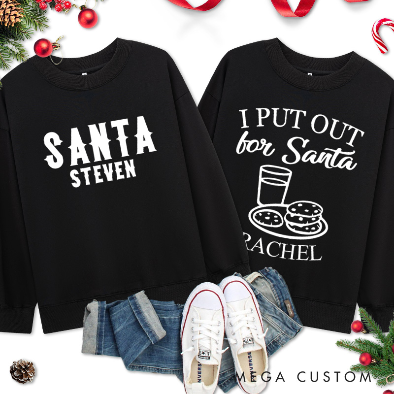 Personalized Couple Cute Santa and I Put Out for Santa Christmas Sweatshirt Couple Xmas Matching Sweatshirt for Husband Wife Boyfriend Girlfriend