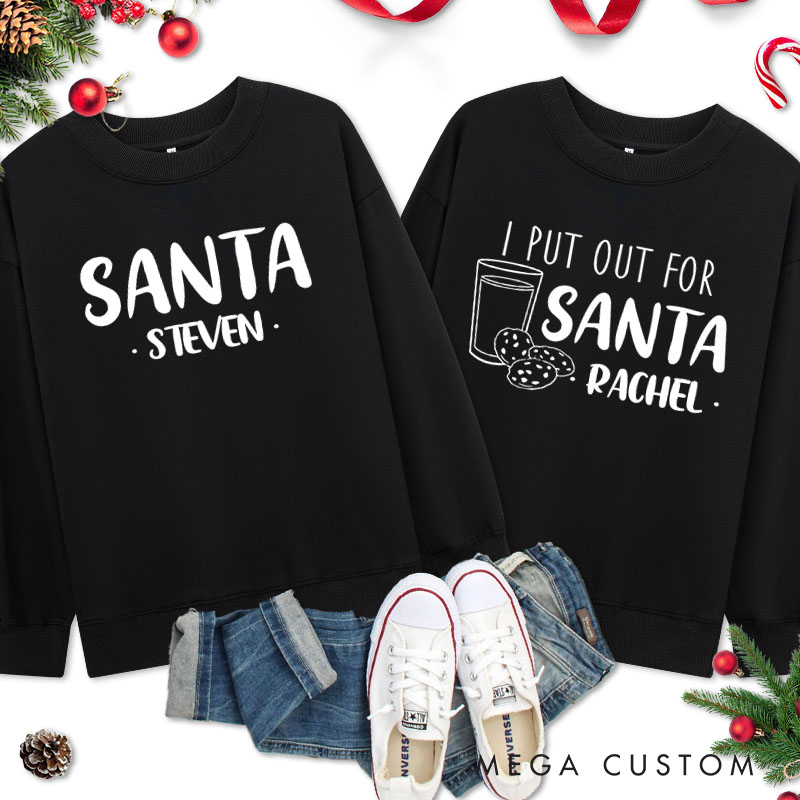 Personalized Couple Cute Santa and I Put Out for Santa Christmas Sweatshirt Xmas Fun Milk and Cookie Sweatshirt for Husband Wife Boyfriend Girlfriend