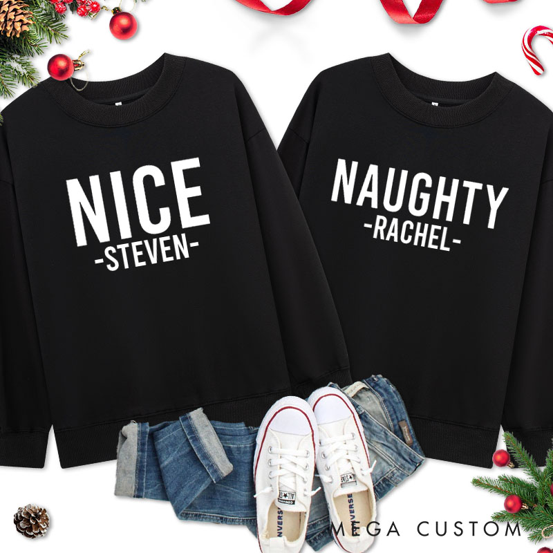 Personalized Couple Minimalist Nice and Naughty Christmas Sweatshirt Couple Xmas Crewneck Sweatshirt for Husband Wife Boyfriend Girlfriend