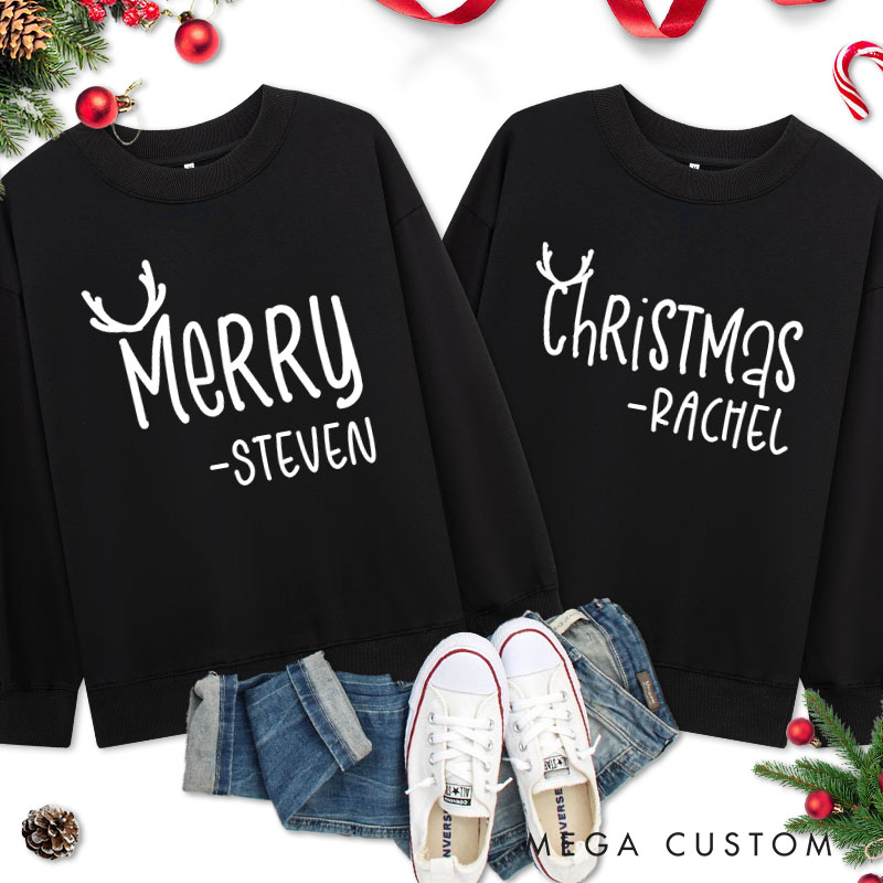Personalized Couple Cute Merry and Christmas with Antler Sweatshirt Couple Xmas Crewneck Sweatshirt for Husband Wife Boyfriend Girlfriend