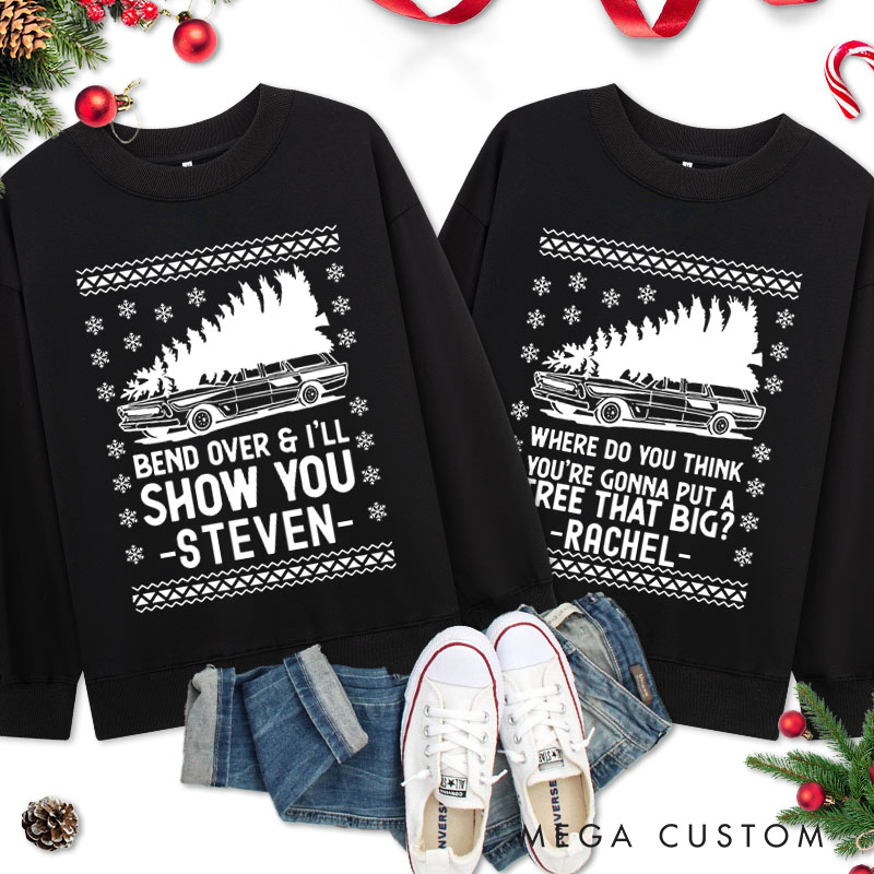 Personalized Couple Bend Over and I'll Show You Sweatshirt Xmas Truck Ugly Sweater Couple Matching Sweatshirt for Husband Wife Boyfriend Girlfriend