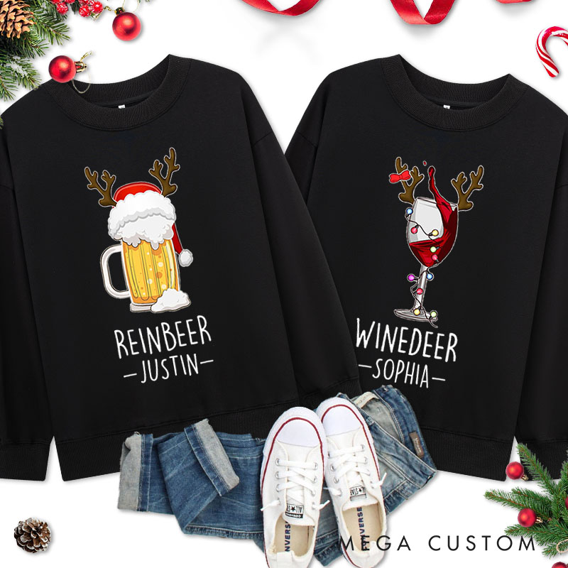 Personalized Couple Reinbeer and Winedeer Christmas Sweatshirt Couple Xmas Antlers Matching Sweatshirt for Husband Wife Boyfriend Girlfriend