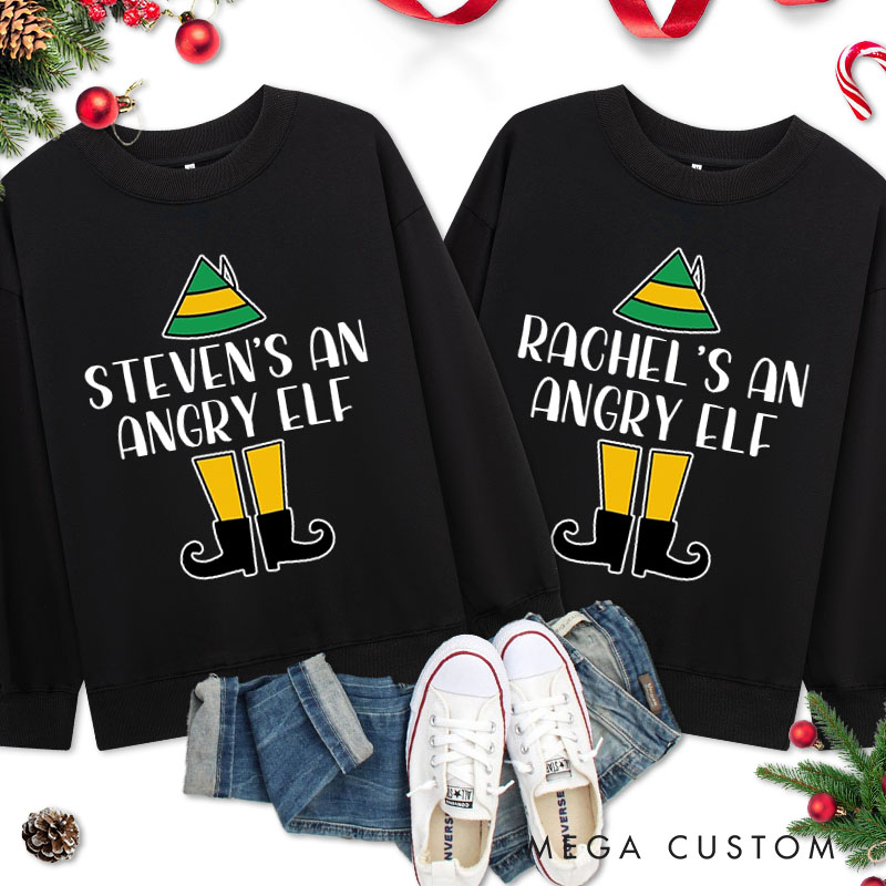 Personalized Couple He's an Angry Elf Christmas Sweatshirt Couple Xmas She's an Angry Elf Matching Sweatshirt for Husband Wife Boyfriend Girlfriend