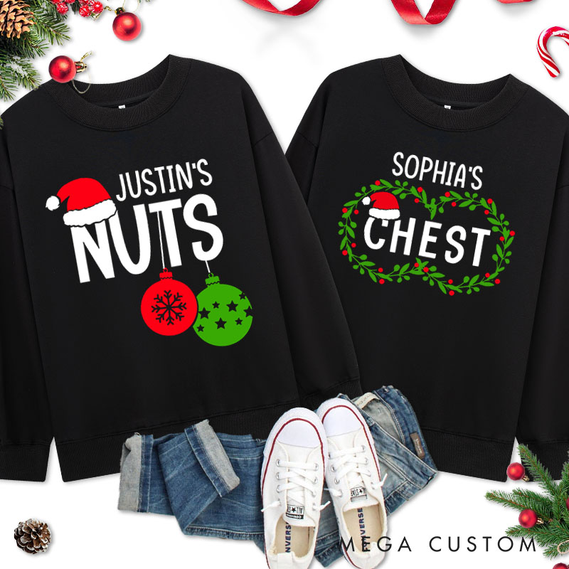 Personalized Couple Cheeky Nuts and Chest with Santa Hats Christmas Sweatshirt Xmas Matching Crewneck Sweatshirt for Husband Wife Boyfriend Girlfriend