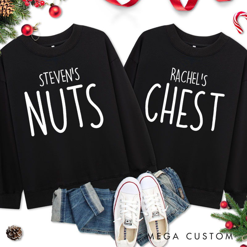 Personalized Couple Minimalist Nuts and Chest Christmas Sweatshirt with Name Xmas Matching Crewneck Sweatshirt for Husband Wife Boyfriend Girlfriend