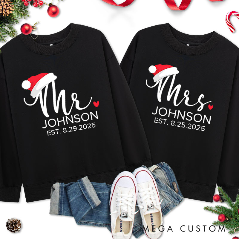 Personalized Couple Mr. and Mrs. with Santa Hats and Heart Christmas Sweatshirt Couple Xmas Matching Sweatshirt for Husband Wife Boyfriend Girlfriend