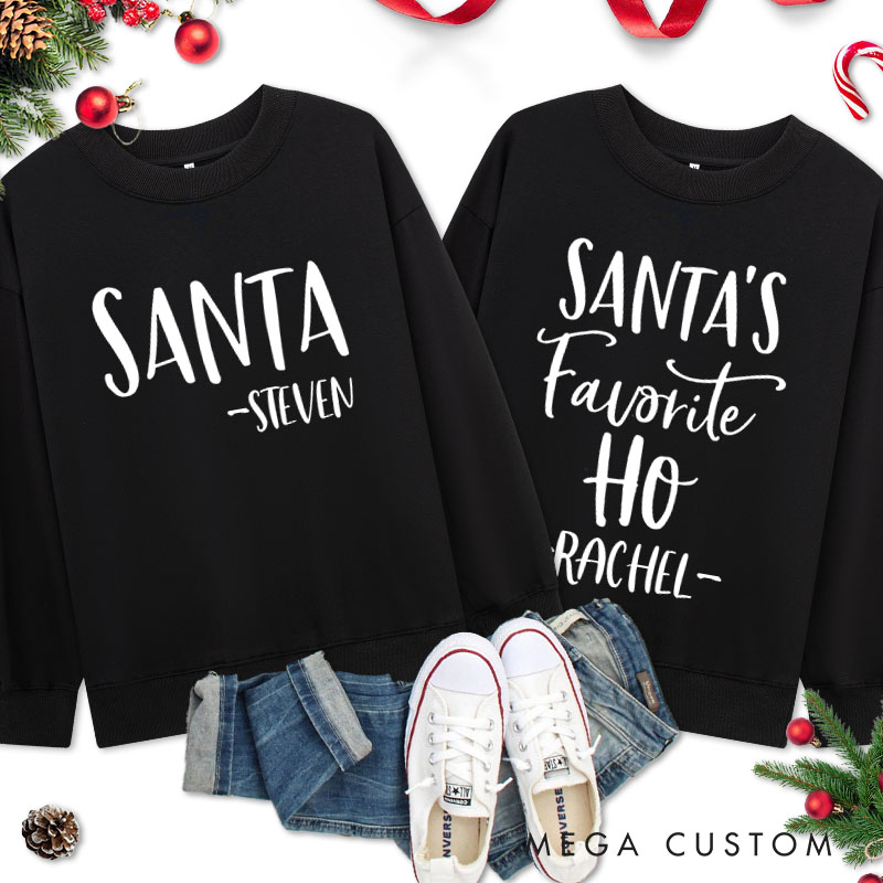 Personalized Couple Santa and Santa's Favorite Ho Christmas Sweatshirt with Name Couple Xmas Matching Sweatshirt for Husband Wife Boyfriend Girlfriend