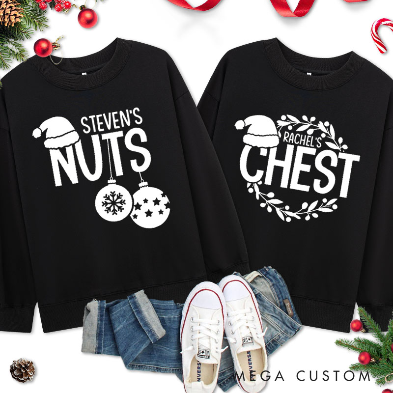 Personalized Couple Simple Nuts and Chest Christmas Sweatshirt with Name Xmas Matching Crewneck Sweatshirt for Husband Wife Boyfriend Girlfriend