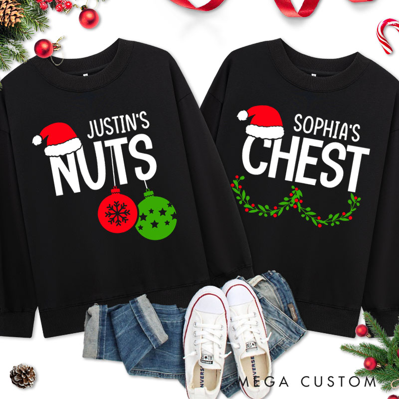 Personalized Couple Cheeky Nuts and Chest Christmas Sweatshirt Funny Couple Xmas Balls and Wreath Sweatshirt for Husband Wife Boyfriend Girlfriend