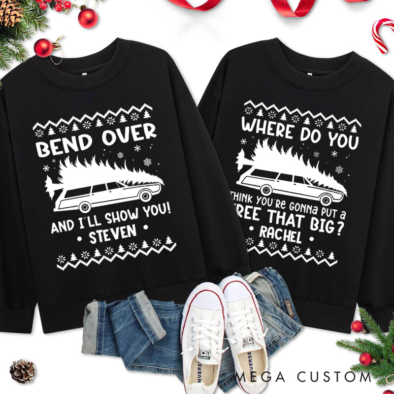 Personalized Couple Bend Over And I’ll Show You Xmas Sweatshirt Christmas Ugly Sweater with Snowflake Sweatshirt for Husband Wife Boyfriend Girlfriend