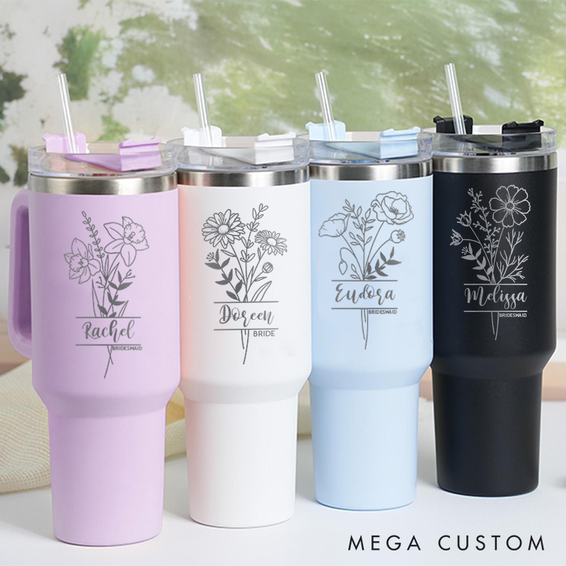 Personalized Bridesmaid Birth Flower 40oz Tumbler Maid of Honor Month Flower Tumbler with Lid and Straw Bachelorette Party Tumbler Bridal Shower Mug
