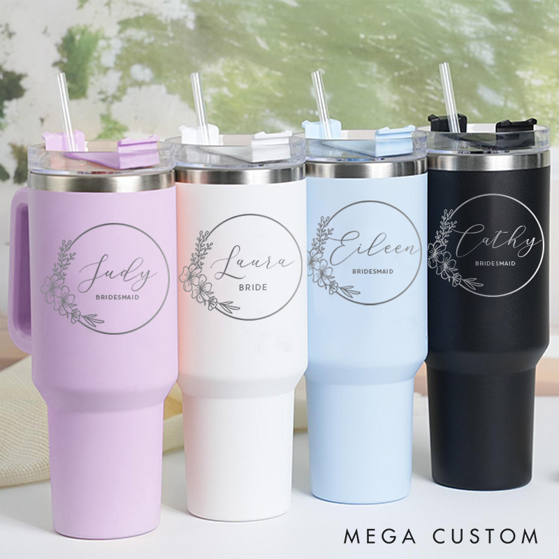 Personalized Bridesmaid Round Floral Wreath 40oz Tumbler Maid of Honor Tumbler with Lid and Straw Bride Bachelorette Party Gift Bridal Shower Tumbler