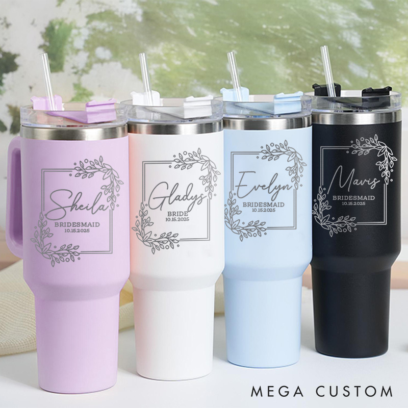 Personalized Bridesmaid Rectangle Wreath 40oz Tumbler Maid of Honor Tumbler with Lid and Straw Bride Bachelorette Party Gift Bridal Shower Tumbler