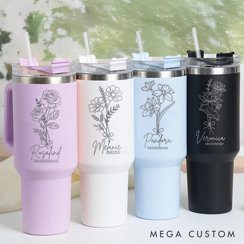 Personalized Beauty Bridesmaid Birth Flower 40oz Tumbler Bride Month Flower Tumbler with Lid and Straw Maid of Honor Bachelorette Party Gift for Her