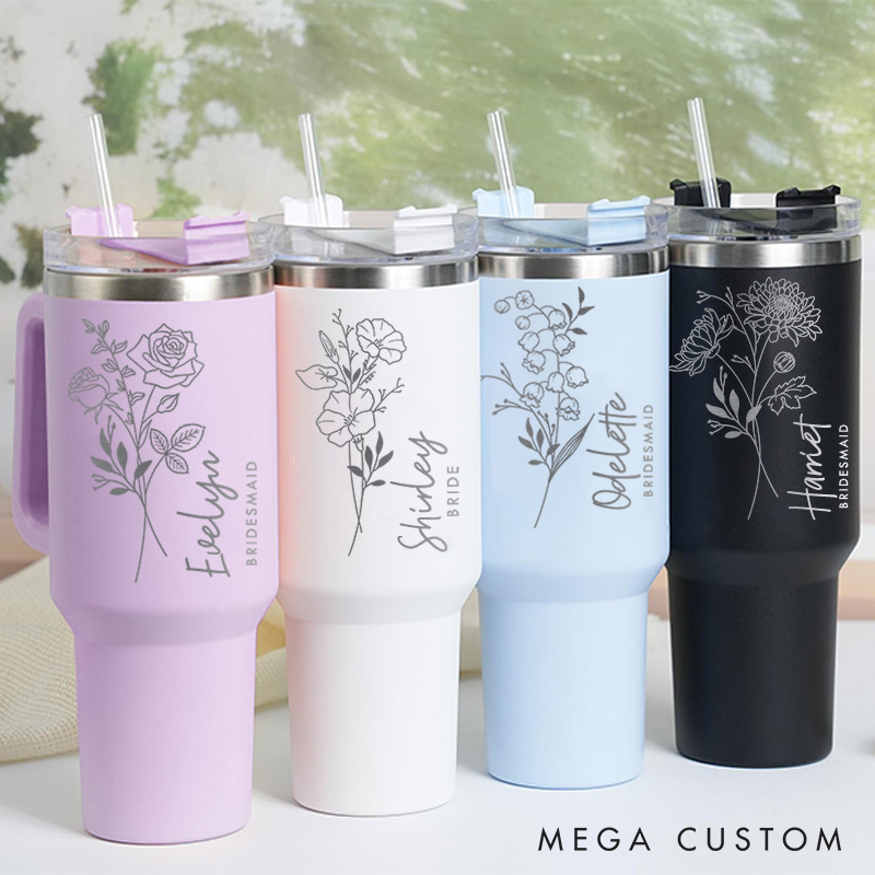Personalized Bridesmaid Bride Birth Flower 40oz Tumbler Maid of Honor Month Flower Tumbler with Lid and Straw Bachelorette Bridal Shower Party Gift