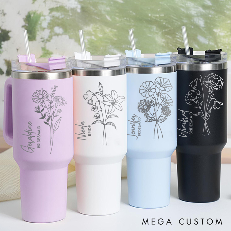 Personalized Stunning Bridesmaid Birth Flower 40oz Tumbler Maid of Honor Month Flower Tumbler with Lid and Straw Bachelorette Party Bridal Shower Gift