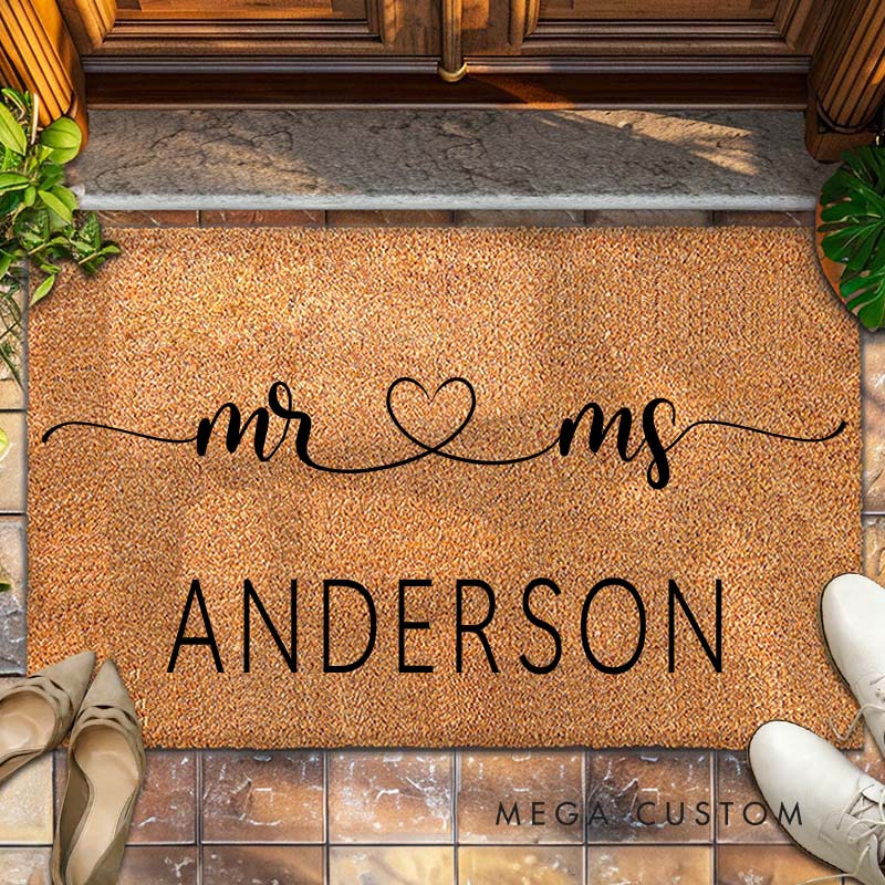 Personalized Couple Mr and Mrs with Heart Doormat Custom Newlyweds Last Name Door Mat Valentine's Day Hubby Wifey Husband Wife Gift for Him Her