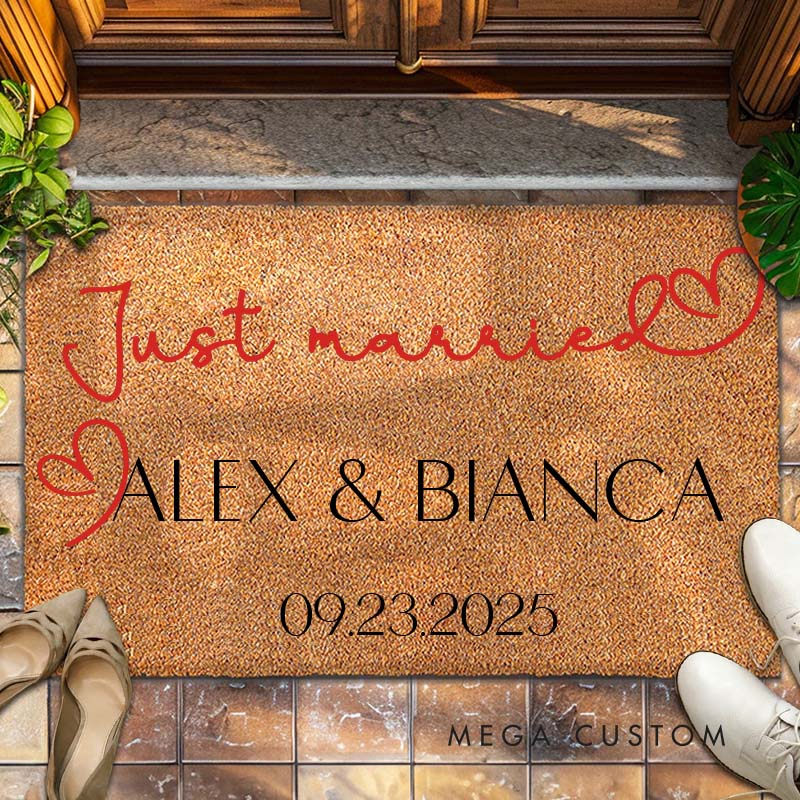 Personalized Couple Just Married with Heart Doormat Custom Newlyweds Name Door Mat Mr and Mrs Doormat Hubby Wifey Husband Wife Gift for Him Her