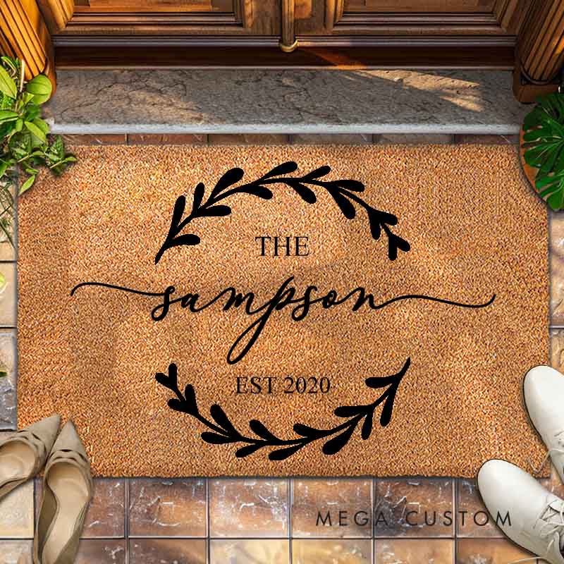 Personalized Couple Anniversary Doormat Leaf Wreath Design Doormat with Last Name and Established Year Wedding Anniversary Doormat