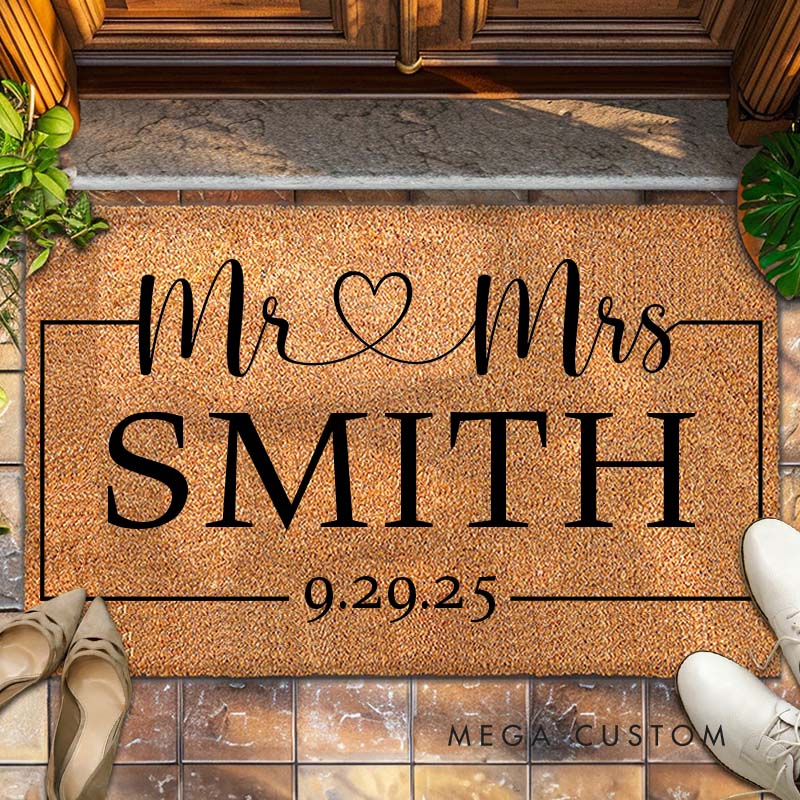 Personalized Couple Mr and Mrs with Heart Doormat Custom Newlyweds Last Name Date Door Mat Valentine's Day Hubby Wifey Husband Wife Gift for Him Her
