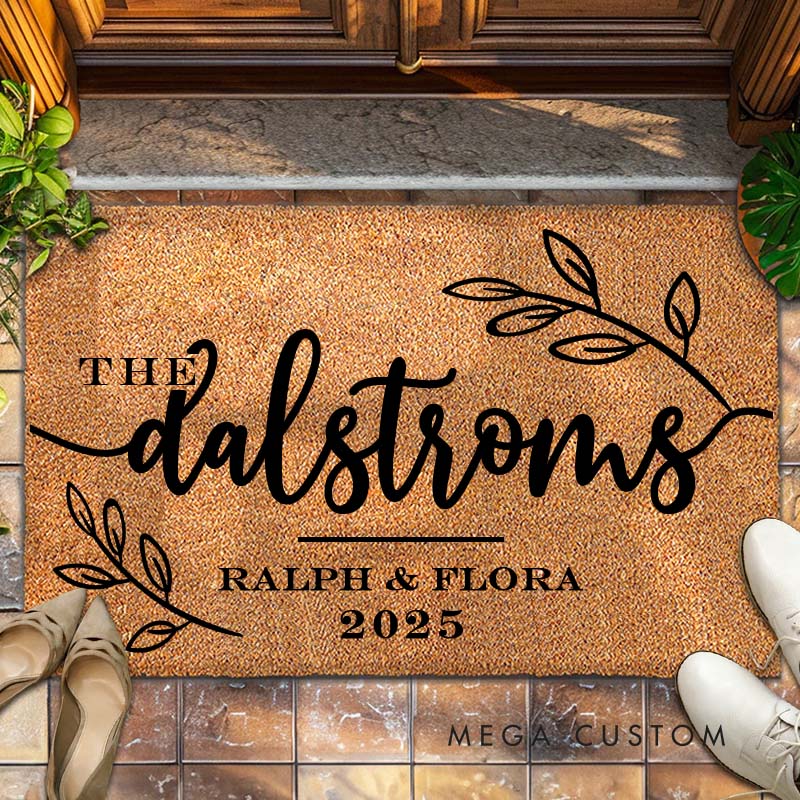 Personalized Couple Last Name with Leaf Wreath Doormat Custom Newlyweds First Name Date Door Mat Mr and Mrs Hubby Wifey Husband Wife Gift for Him Her