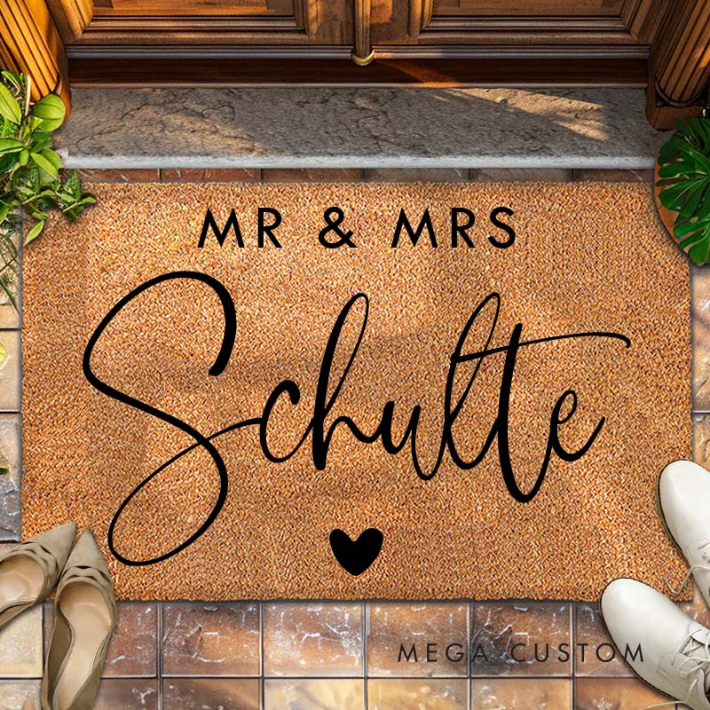 Personalized Couple Mr. and Mrs. Last Name with Heart Doormat Custom Newlyweds Door Mat Valentine's Day Hubby Wifey Husband Wife Gift for Him Her