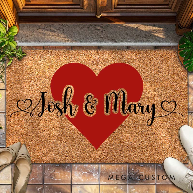 Personalized Couple Name with Red Heart Doormat Newlyweds Door Mat Boyfriend Girlfriend Valentine's Day Gift Wedding Husband Wife Gift for Him Her
