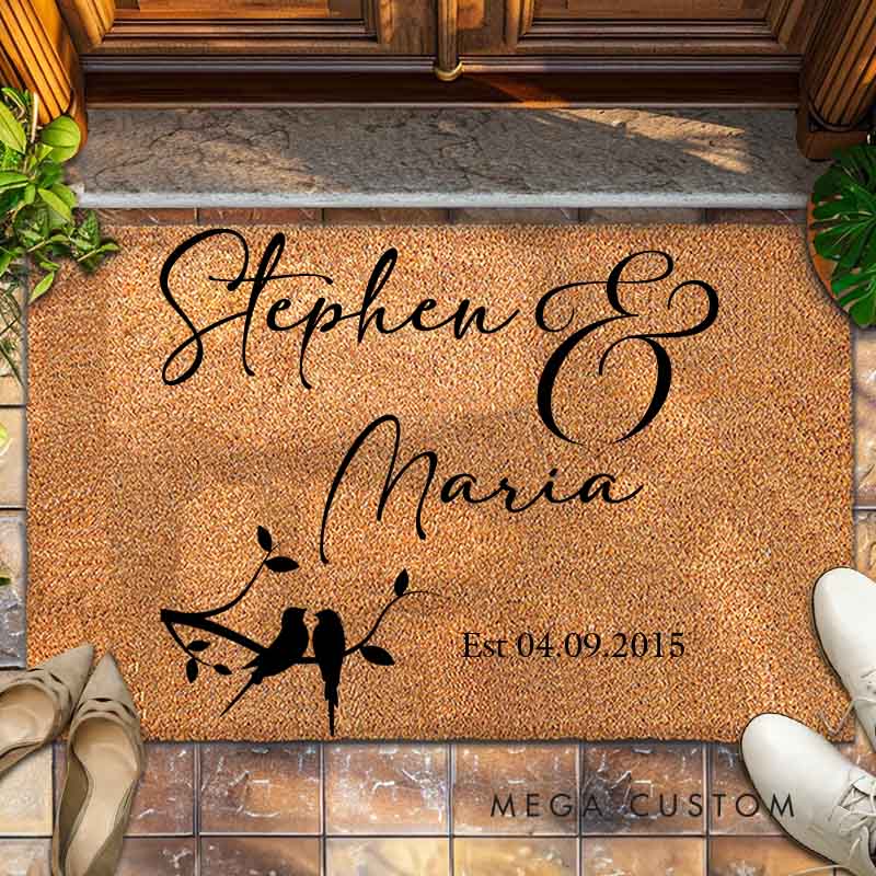 Personalized Love Birds Couple Doormat Custom Wedding Anniversary Gift Doormat for Couple Home Decor Doormat with Name and Date