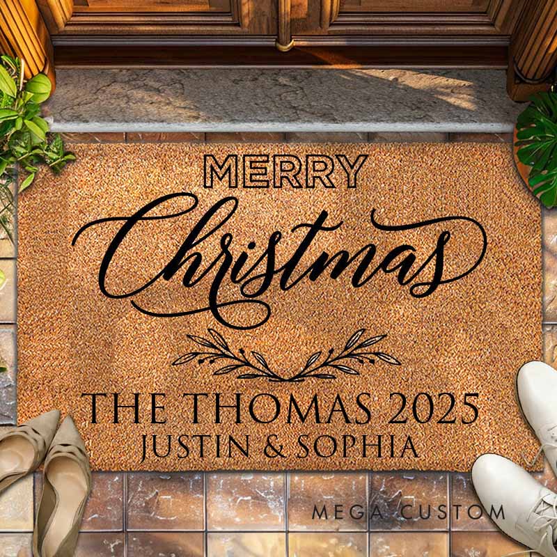 Personalized Couple Last Name Merry Christmas with Leaf Wreath Doormat Custom Newlyweds First Name Door Mat Hubby Wifey Husband Wife Gift for Him Her