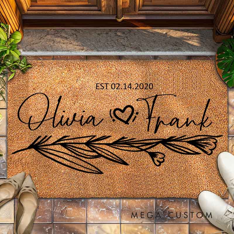 Personalized Couple Anniversary Doormat Wife Husband Wedding Anniversary Doormat Romantic Floral Branch Design Doormat with Name and Date