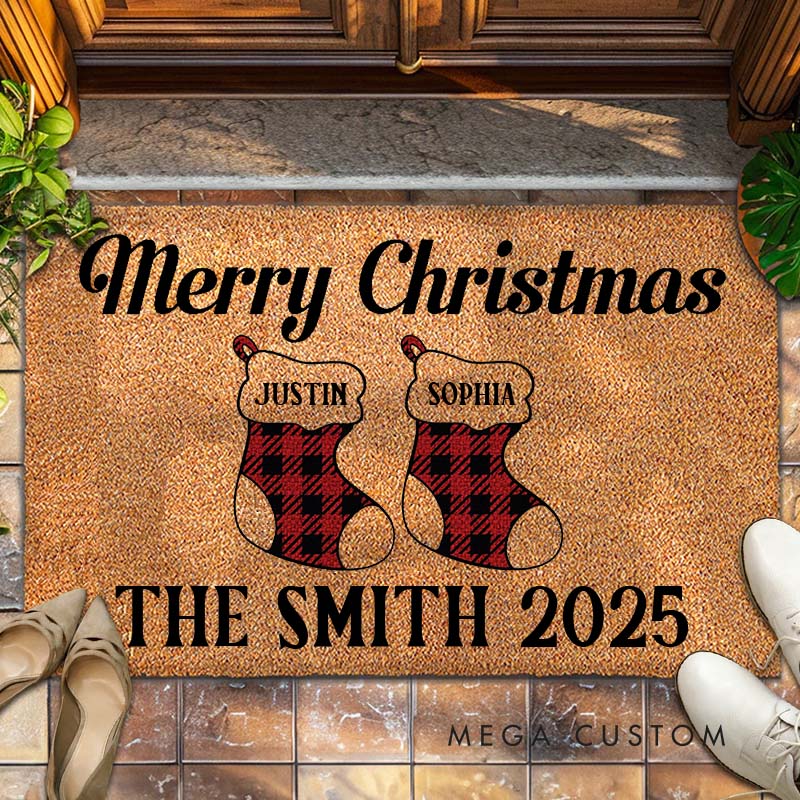 Personalized Couple Merry Christmas Plaid Stocking Doormat Custom Newlywed Last Name Xmas Door Mat Hubby Wifey Husband Wife Christmas Gift for Him Her
