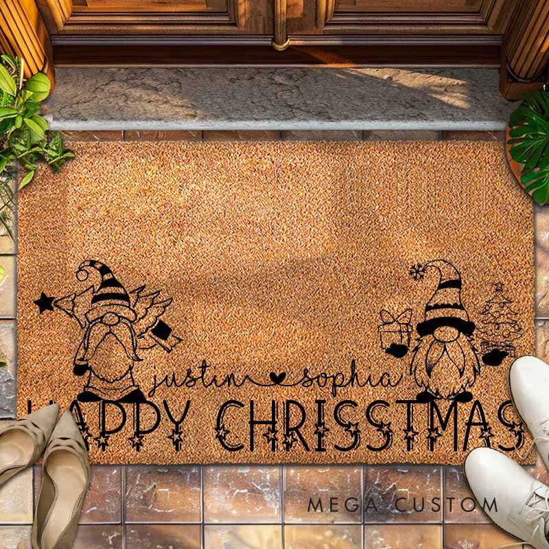 Personalized Couple Happy Christmas Gnome Doormat Custom Newlywed Name Xmas Door Mat Boyfriend Girlfriend Husband Wife Christmas Gift for Him Her