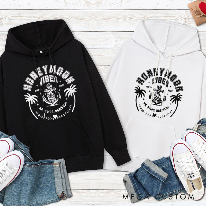 Personalized Nautical Honeymoon Vibes with Anchor and Palm Trees Matching Honeymoon Couple Hoodie