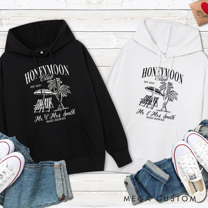 Personalized Classic Tropical Honeymoon Club with Beach Scene Matching Honeymoon Couple Hoodie