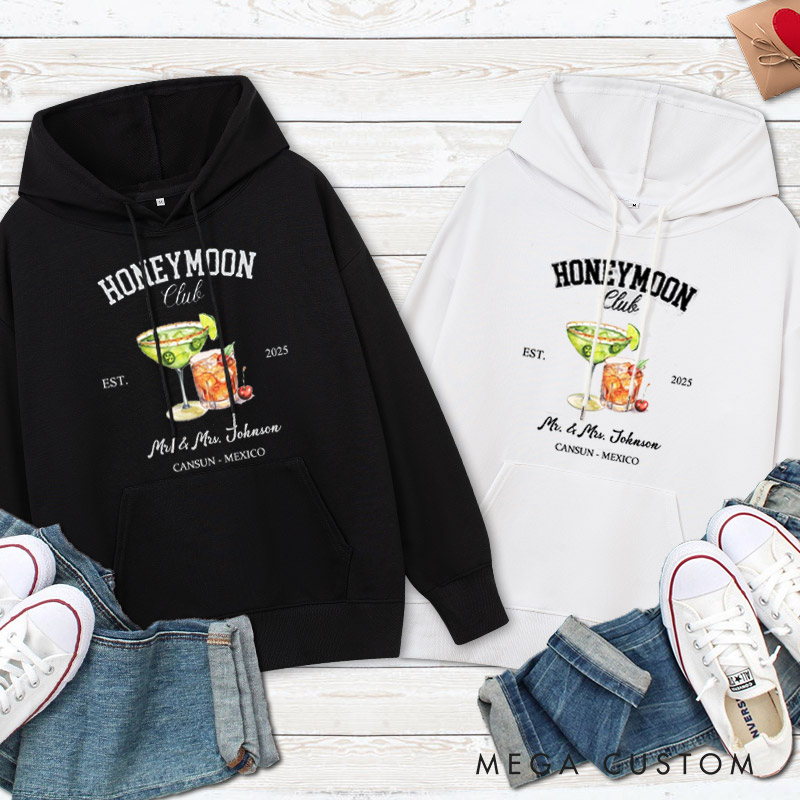 Personalized Tropical Honeymoon Club with Colorful Cocktails Matching Honeymoon Couple Hoodie