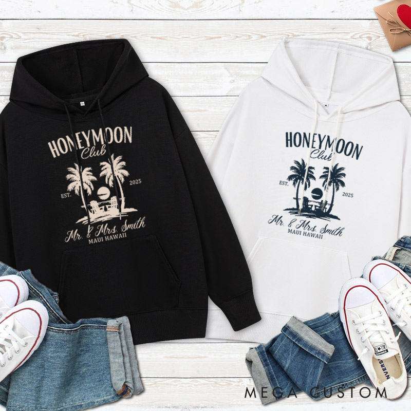 Personalized Vintage Tropical Honeymoon Club with Sunset Matching Honeymoon Couple Hoodie
