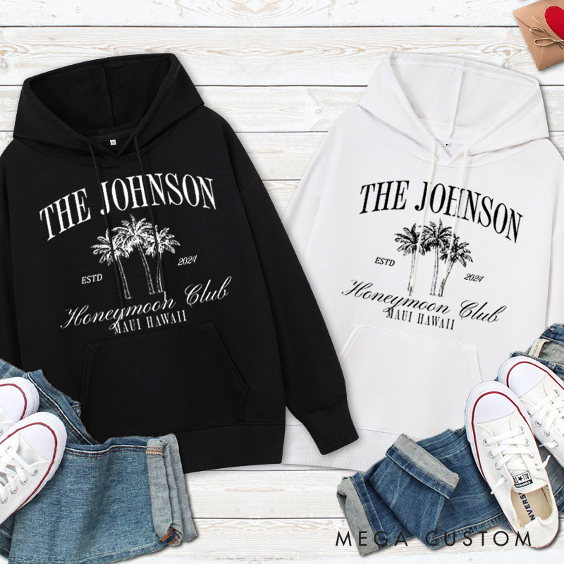 Personalized Classic Honeymoon Club with Palm Trees Matching Honeymoon Couple Hoodie