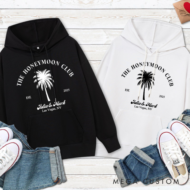Personalized Tropical The Honeymoon Club with Palm Tree Matching Honeymoon Couple Hoodie