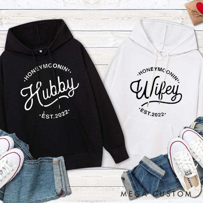 Personalized Chic Honeymoon Wifey and Hubby Matching Honeymoon Couple Hoodie