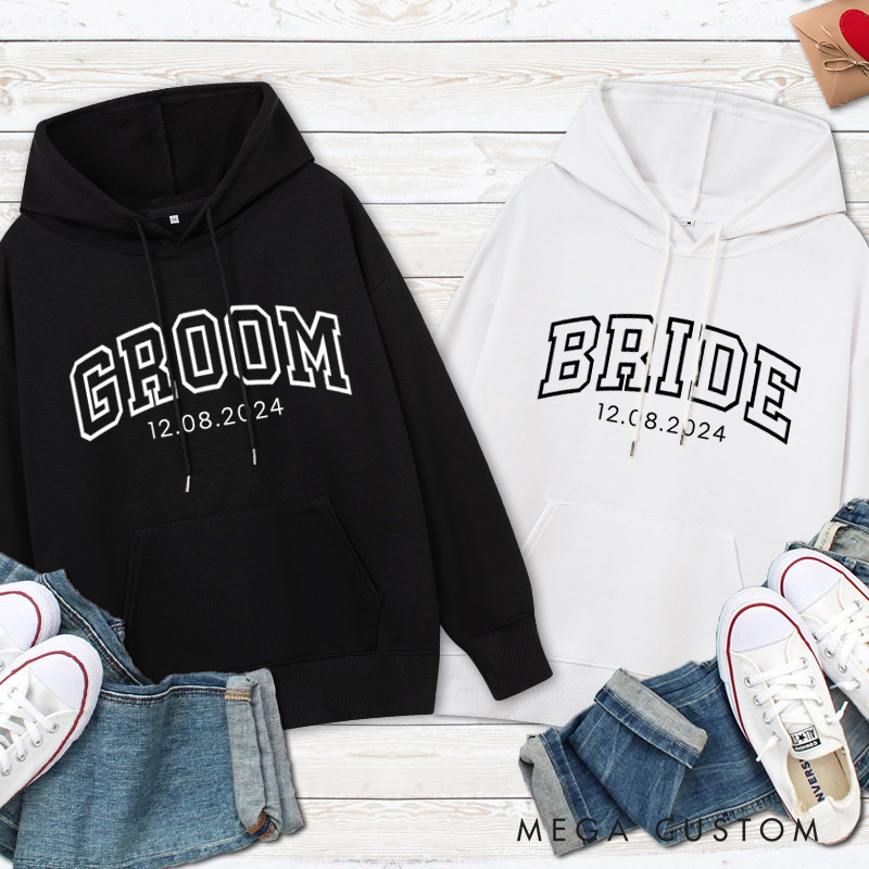 Personalized Varsity-Inspired Bride and Groom with Date Matching Wedding Couple Hoodie