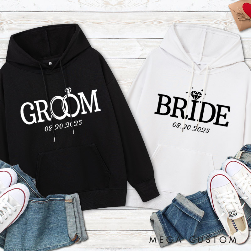 Personalized Elegant Bride and Groom with Rings Matching Wedding Couple Hoodie